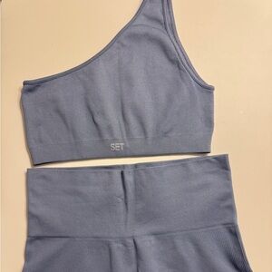 SET ACTIVE Grey Blue One Shoulder Bra + Legging Set